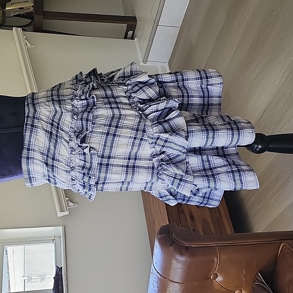 Plaid Skirt Max Studio London Size 10 Blue and White Ruffle Side Zip